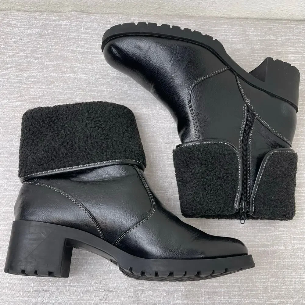 Aerosoles Faux Fur Cuff Black Chunky Ankle Boots Womens 9.5M Winter Warm Comfort